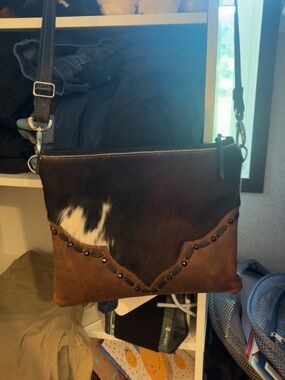 Haircalf and Leather Studded Messenger Bag - Brown/Black